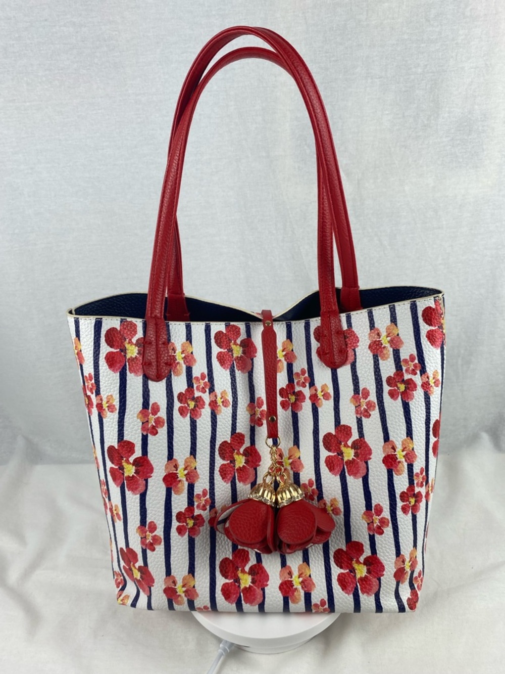 Floral Stripe Tote Bag with Red Handles